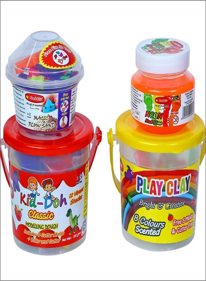 Rabbit Modelling Clay 8 Colors + Dough Bucket + Neon Slime 100g + Play Sand 100g Combo of 4 | Activity Set for Kids | Clay Slime Dough with Moulds, Roller & Cutter | Age 3+ - Image 1